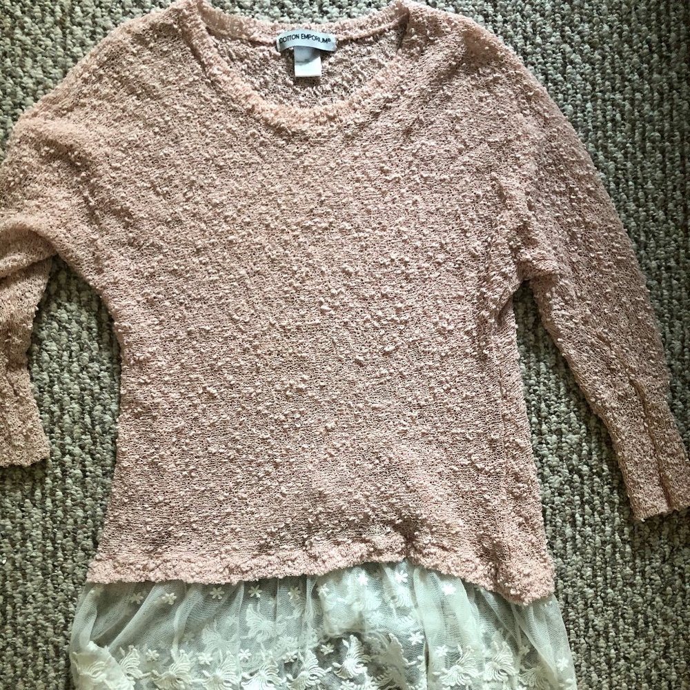 Pink spring sweater with lacy bottom